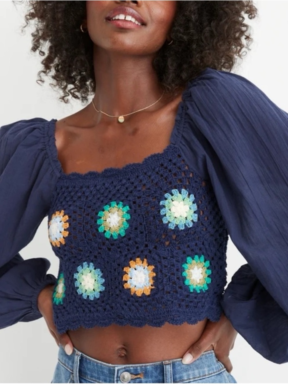 Aerie Crochet Vacay Puff Sleeve Top In Navy Blue Floral Size XXL